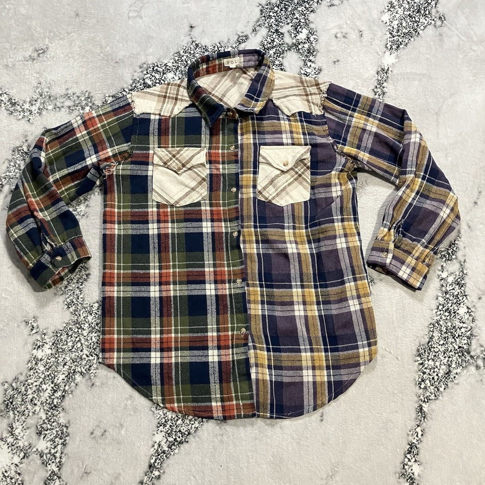 POL Clothing Patchwork Flannel Plaid Button Front Shirt Womens L Western Boho‎